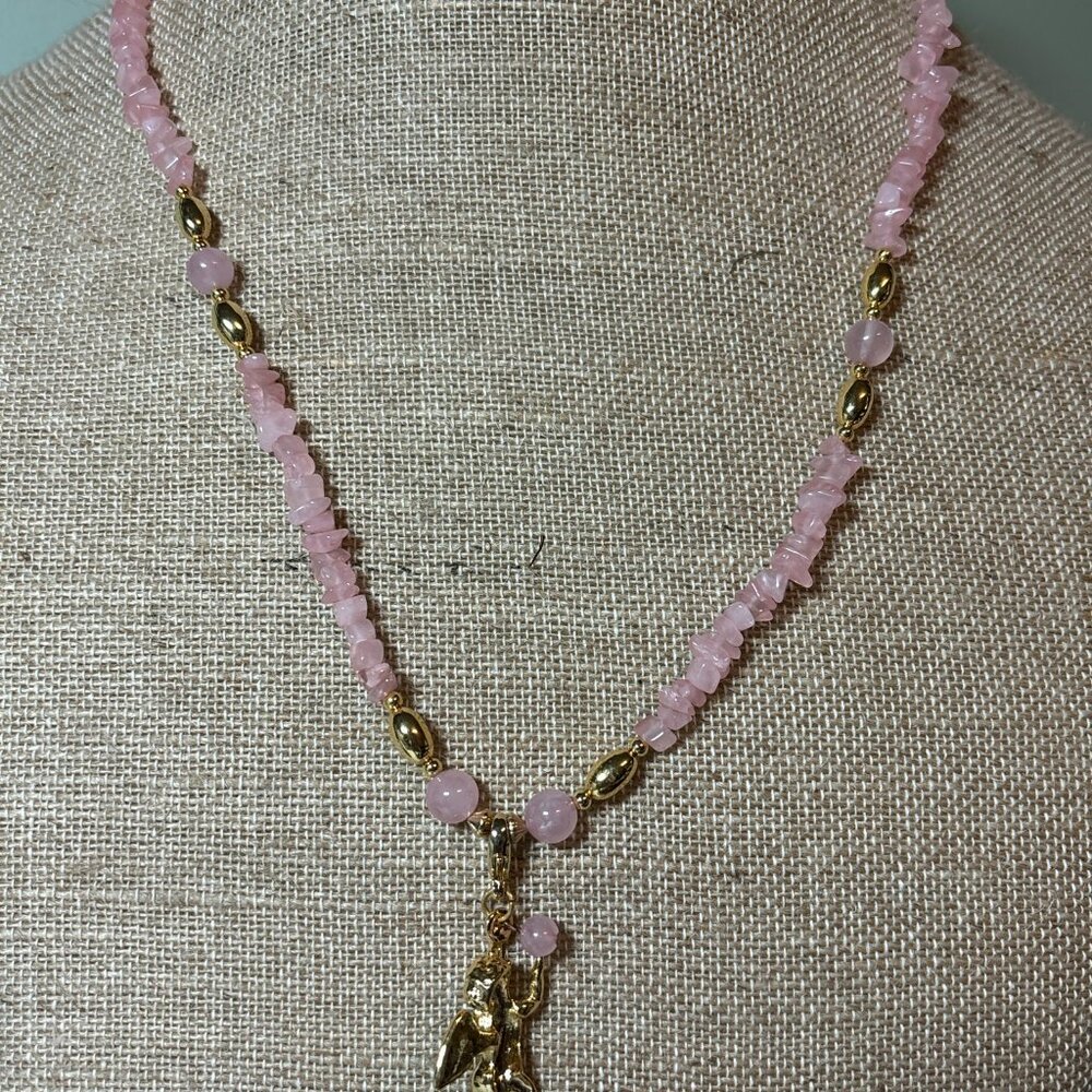 Ladies 24” Pink Quartz Natural & Round Gold Tone Bead Necklace Angel Pendant